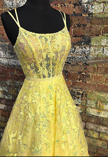 Yellow tulle lace long prom dress evening dress HZ1023